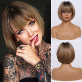 Ombre Light Brown Short Straight Fringe Bob Wig with Dark Root